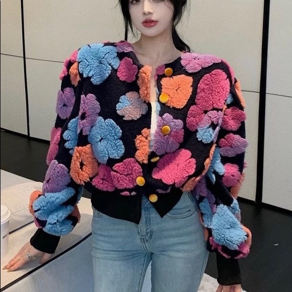 Floral jacket puff sleeve coat fuzzy 3d flowers runway fashion womens bomber - Picture 5 of 12